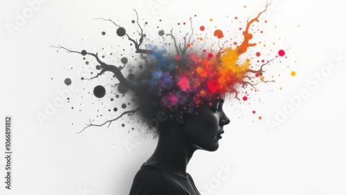 Abstract visualization of ADHD, showing colorful energy within the head, highlighting imagination and mental flow.