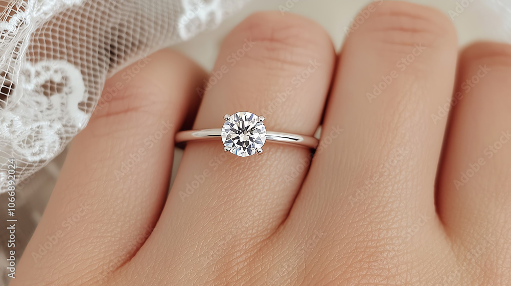 Close-up of a hand adorned with a sparkling engagement ring, delicate lace veil in the background, soft light highlighting the diamond's brilliance, romantic detail shot Close-up of a hand adorned with a sparkling engagement ring, delicate lace veil in the background, soft light highlighting the diamond's brilliance, romantic detail shot