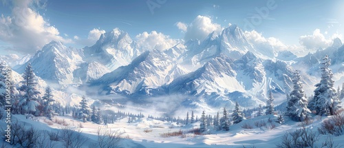 Snowy Mountain Range with Foreground Trees and Fog