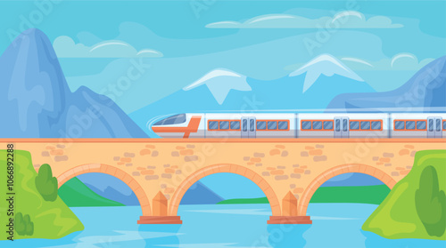 Train on bridge. Fast modern electric trains on railway viaduct mountain travel panorama landscape locomotive motion, rail zug railroad trip transportation neat vector illustration