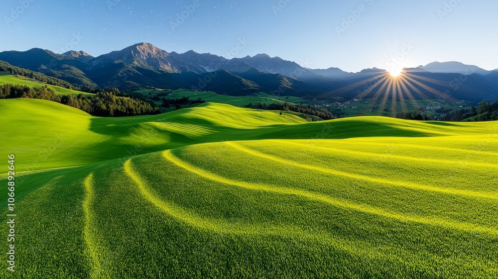 Obraz premium Rolling Green Hills and Mountain Sunset Landscape Photography