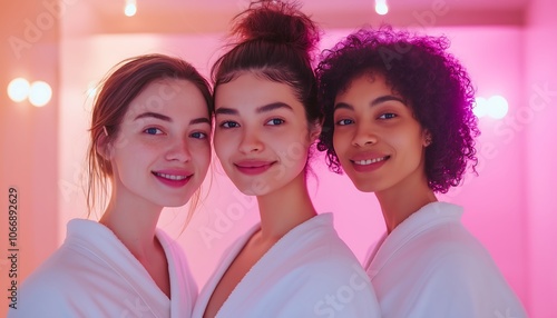 three happy women in luxury hotel spa, spa day, Group of happy friends in spa
