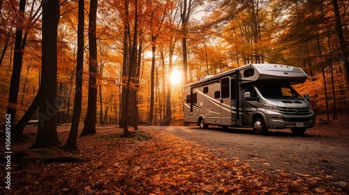 Autumn road trip in a cozy RV surrounded by vibrant fall foliage at sunset
