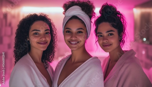 three happy women in luxury hotel spa, spa day