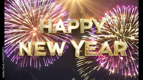 the inscription Happy ntw year made of gold volumetric letters on a background of a dark sky with fireworks, the concept of celebrating the new year 2025 and Christmas