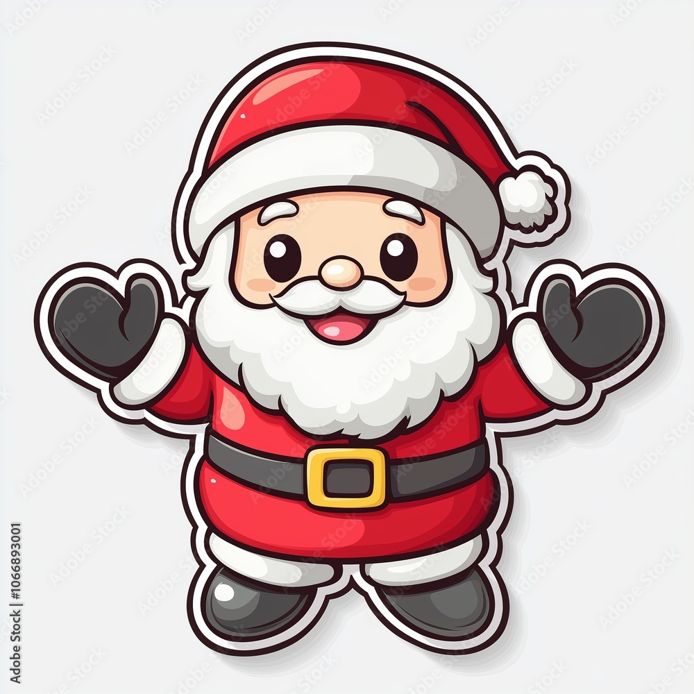 A cheerful cartoon Santa Claus waving in a festive red suit with a fluffy white beard and a jolly smile against a light background A cheerful cartoon Santa Claus waving in a festive red suit with a fluffy white beard and a jolly smile against a light background