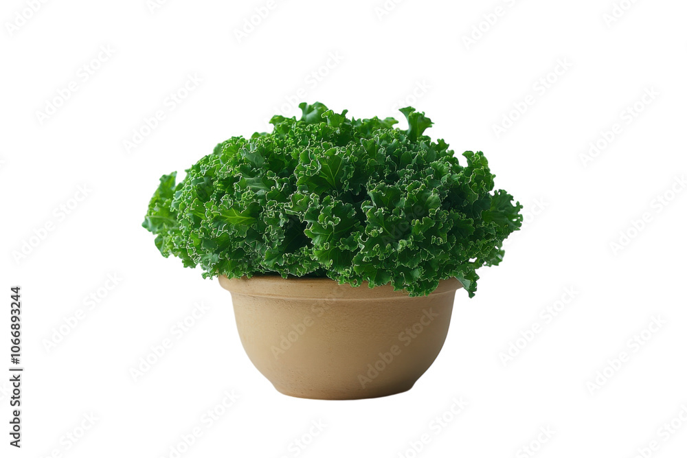 Fresh green kale in a simple ceramic pot on a white background for healthy living Fresh green kale in a simple ceramic pot on a white background for healthy living