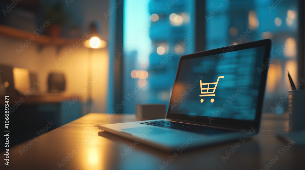 Laptop Screen Displaying Online Shopping Cart Icon Laptop Screen Displaying Online Shopping Cart Icon