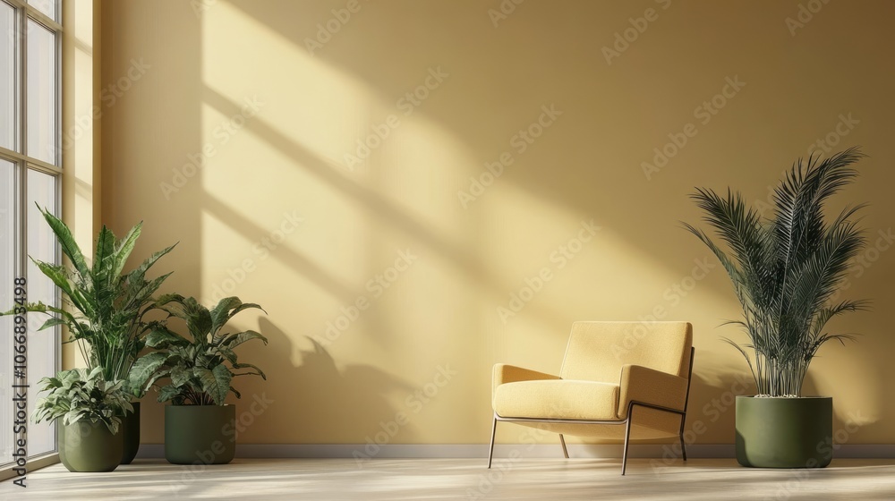 Yellow Armchair and Plants in a Modern Living Room Yellow Armchair and Plants in a Modern Living Room