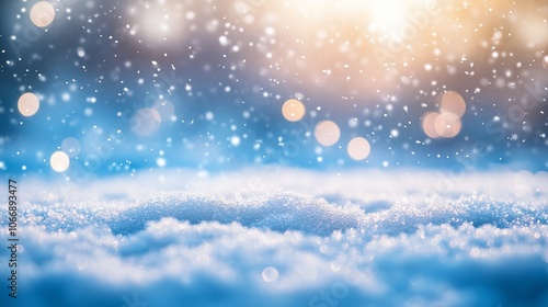 Snow falling gently on a serene landscape at twilight, creating a magical winter atmosphere filled with sparkling light