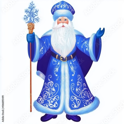 A cheerful winter character in a blue robe holding a magical staff, ideal for festive decorations and holiday celebrations