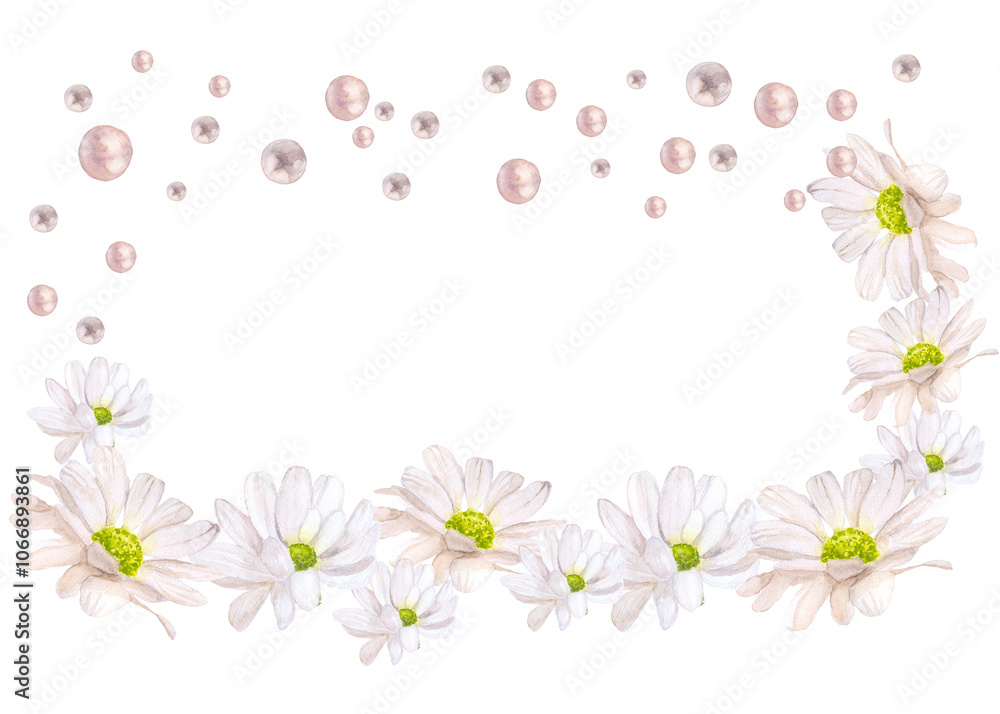 chamomile leaves and buds pearl rectangular frame watercolor illustration isolated on white background base for card design textile tableware wedding invitations chamomile leaves and buds pearl rectangular frame watercolor illustration isolated on white background base for card design textile tableware wedding invitations