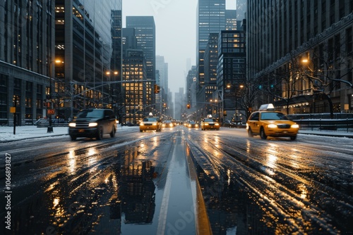 Yellow taxis navigate snowy streets in City as evening lights reflect on wet pavement in winter