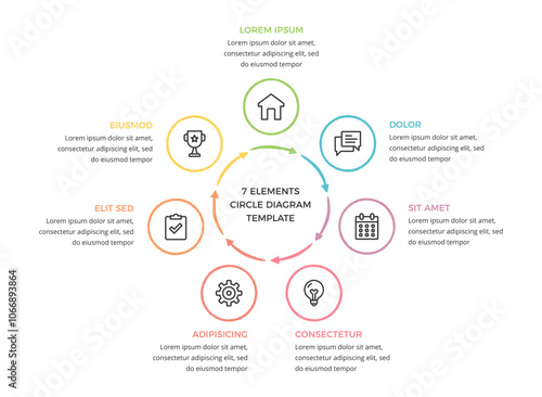 Hand drawn circle chart template with 7 parts, doodle infographics, vector eps10 illustration