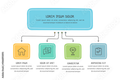 Hand drawn flow chart template with four elements, doodle infographics, vector eps10 illustration