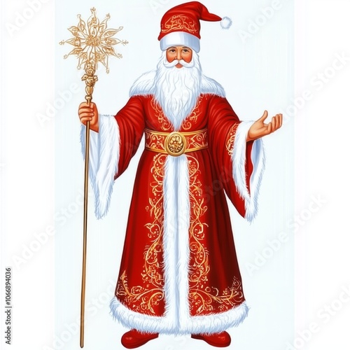 Santa Claus in a festive red robe, standing with a staff and welcoming gestures, surrounded by a winter-themed background