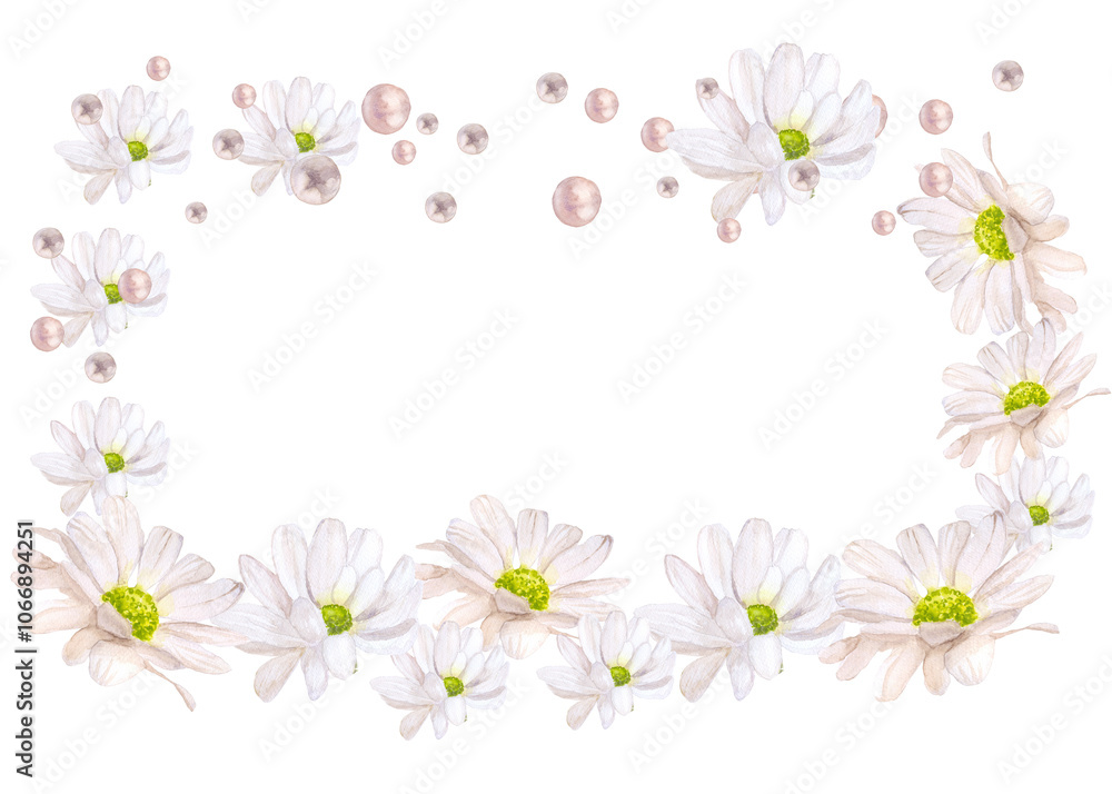 chamomile leaves and buds pearl rectangular frame watercolor illustration isolated on white background base for card design textile tableware wedding invitations chamomile leaves and buds pearl rectangular frame watercolor illustration isolated on white background base for card design textile tableware wedding invitations
