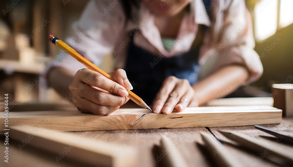 Obraz premium Carpenter hand with pencil and drawing on wooden stick. Focus on tools.