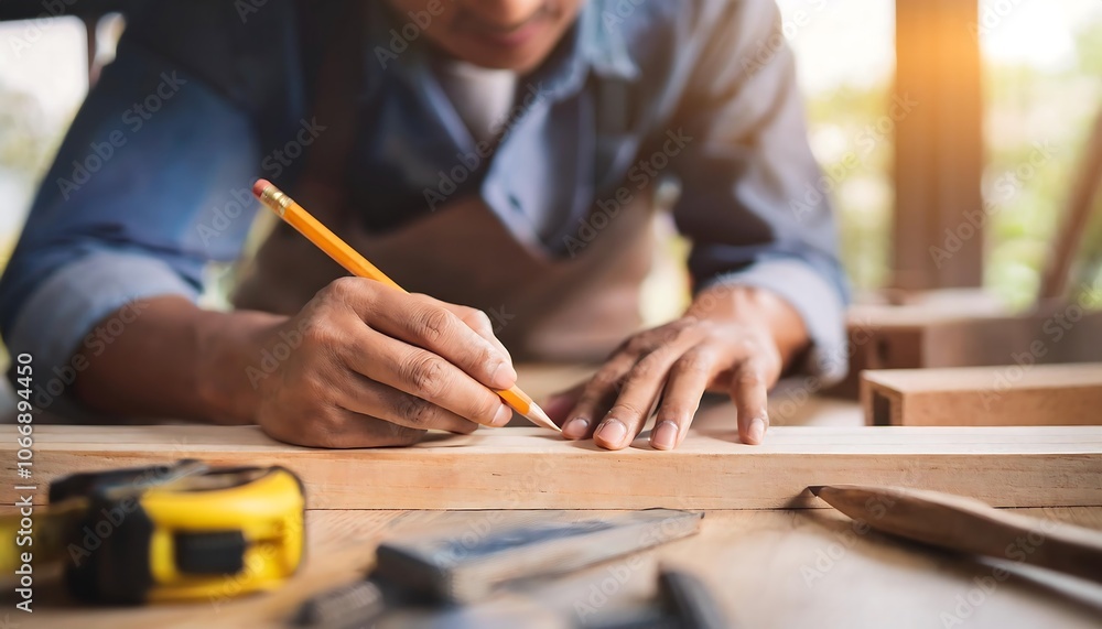 Carpenter hand with pencil and drawing on wooden stick. Focus on tools. Carpenter hand with pencil and drawing on wooden stick. Focus on tools.