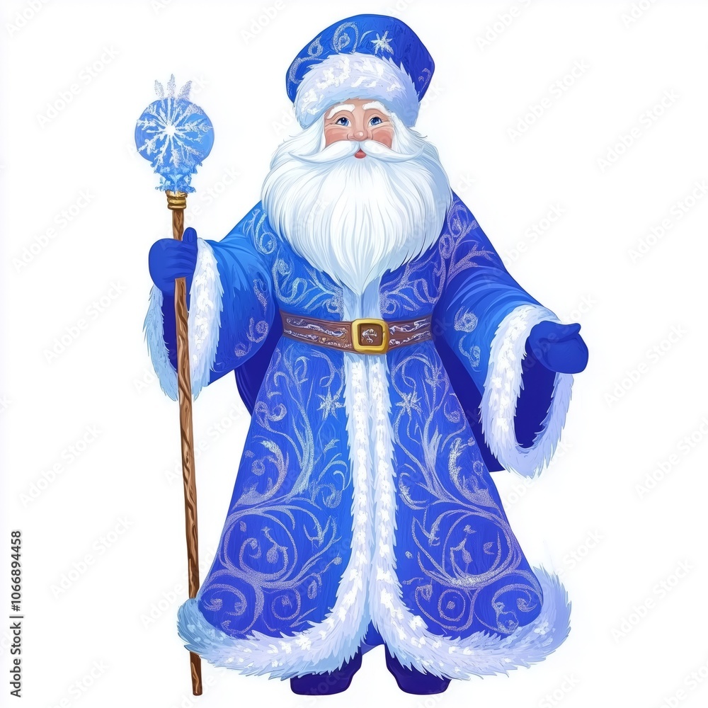 A festive figure in blue attire holding a staff, embodying holiday spirit and winter magic while spreading joy and cheer A festive figure in blue attire holding a staff, embodying holiday spirit and winter magic while spreading joy and cheer
