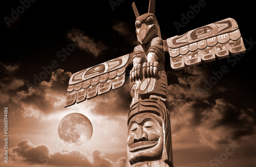 Simulated old Victorian photograph of a Totem Pole in Canada	 photo