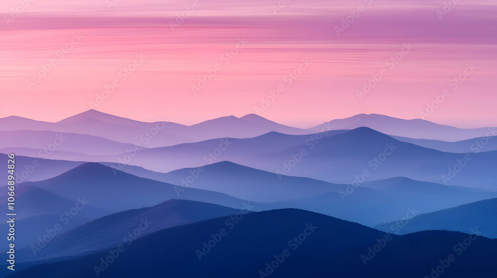 Fototapeta premium Serene layered mountains at sunset with a hazy pink sky.
