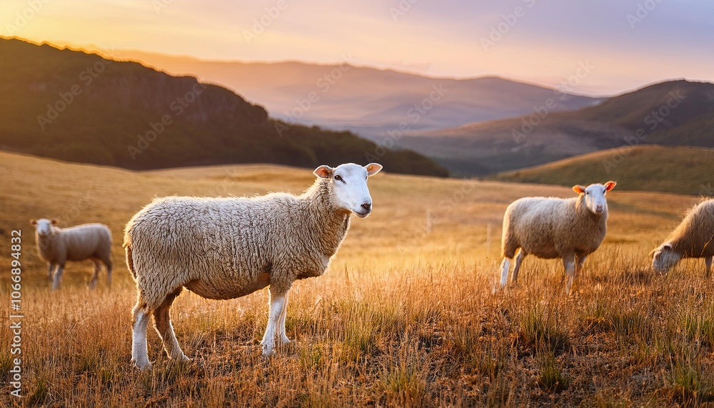 sheep grazing on a beautiful farm field, grass field background, Fresh and Relax concept. For montage product display or design key visual layout. View of copy space sheep grazing on a beautiful farm field, grass field background, Fresh and Relax concept. For montage product display or design key visual layout. View of copy space