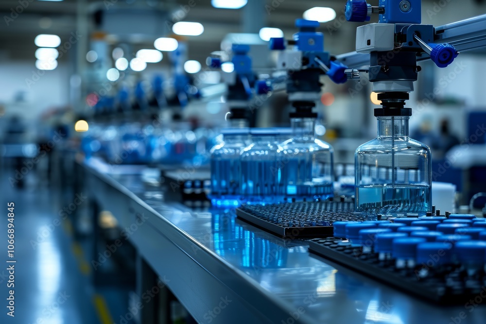 Laboratory equipment in a pharmaceutical facility during nighttime operations showcasing blue liquid samples Laboratory equipment in a pharmaceutical facility during nighttime operations showcasing blue liquid samples