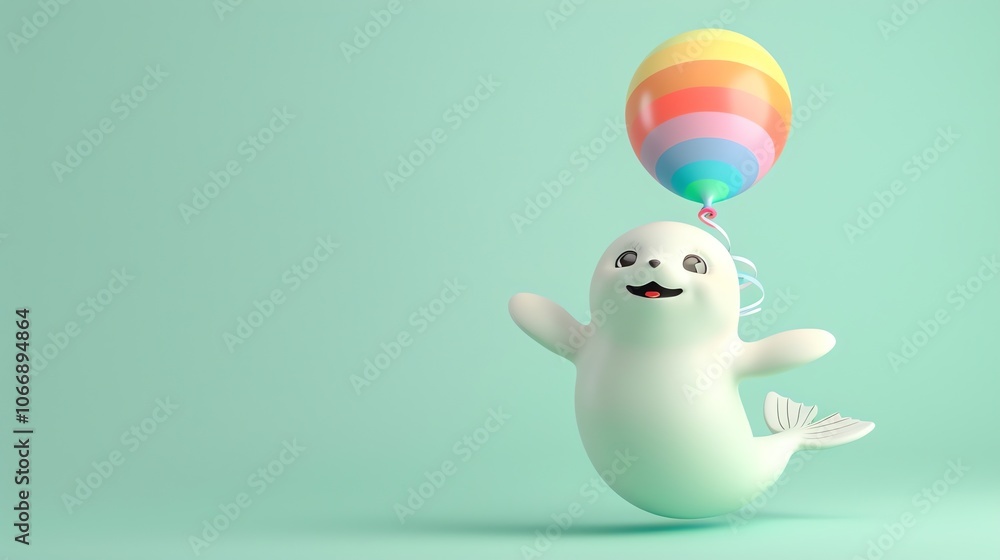 A cute cartoon seal holding a rainbow balloon. A cute cartoon seal holding a rainbow balloon.