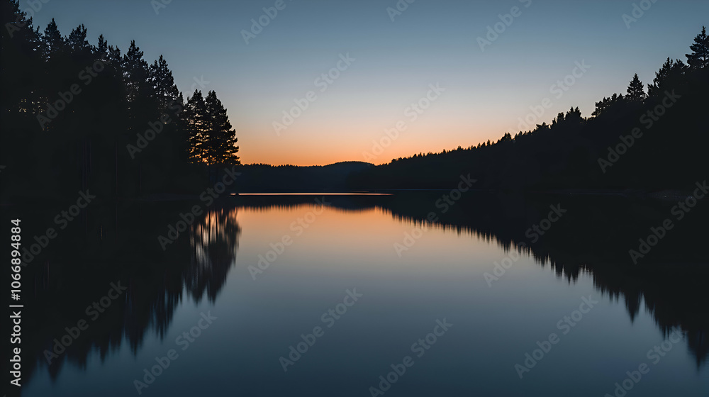 Serene sunset reflected in a still lake with silhouetted trees on either side. Serene sunset reflected in a still lake with silhouetted trees on either side.