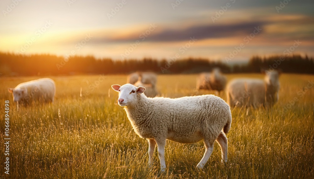 sheep grazing on a beautiful farm field, grass field background, Fresh and Relax concept. For montage product display or design key visual layout. View of copy space sheep grazing on a beautiful farm field, grass field background, Fresh and Relax concept. For montage product display or design key visual layout. View of copy space