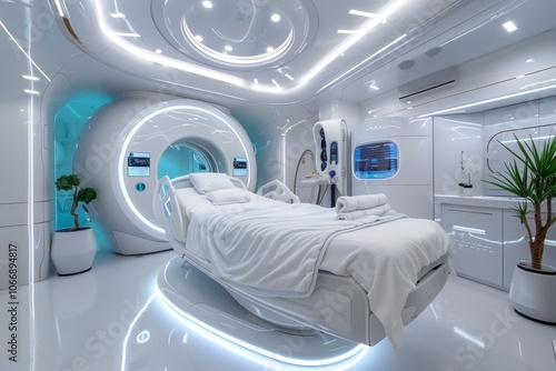 A modern medical imaging room featuring advanced MRI technology and sleek furnishings in a bright, futuristic design