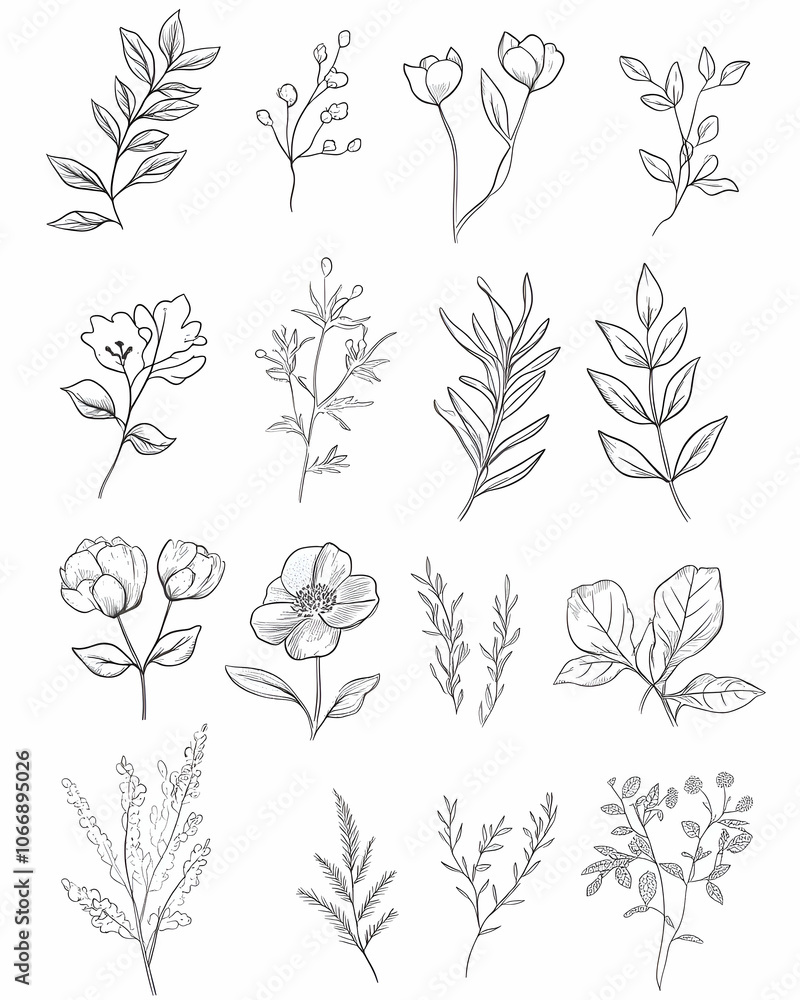Set of 16 hand-drawn floral and leaf illustrations in black and white outline style, perfect for wedding invitations, stationery, and other design projects. Set of 16 hand-drawn floral and leaf illustrations in black and white outline style, perfect for wedding invitations, stationery, and other design projects.