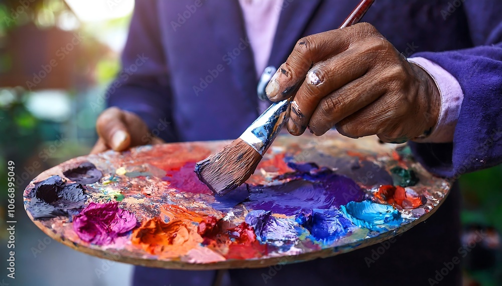 Fototapeta premium Close-up of artist hand with brush and palette for painting.
