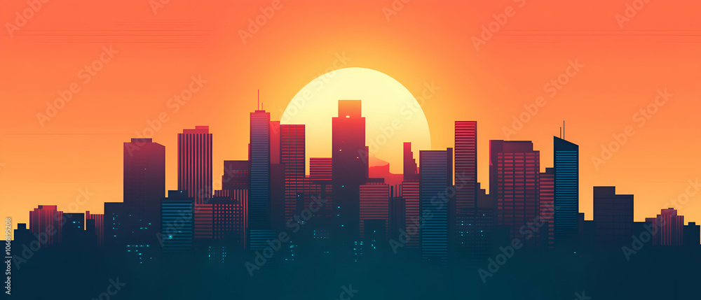 Silhouette of a city skyline with a large sun in the background. Silhouette of a city skyline with a large sun in the background.