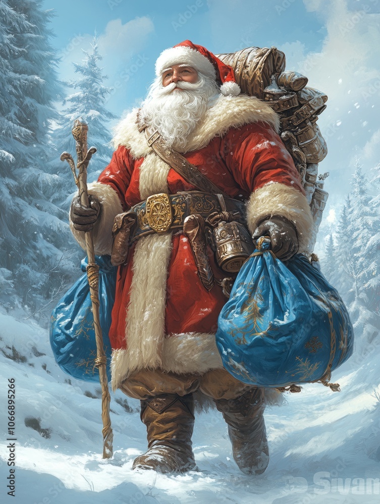 Obraz premium A joyful figure dressed in red and white walks through a snowy forest carrying presents on a bright winter day