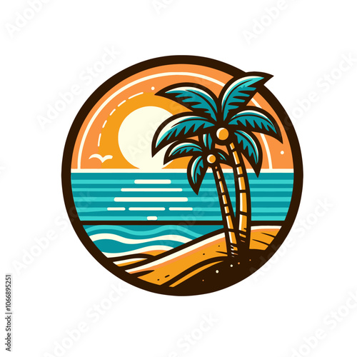 Palm beach cartoon vacation emblem. Isolated vector label illustration