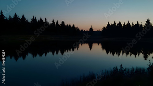 Silhouetted trees reflect in a tranquil lake at dusk.