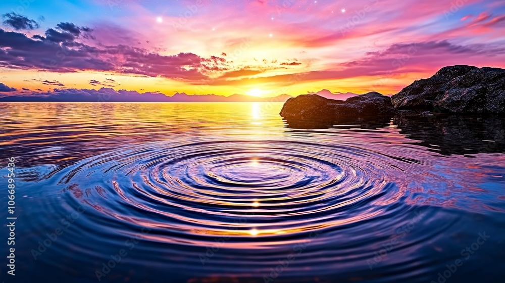 Serene Sunset with Water Ripples and Mountain Silhouette Serene Sunset with Water Ripples and Mountain Silhouette