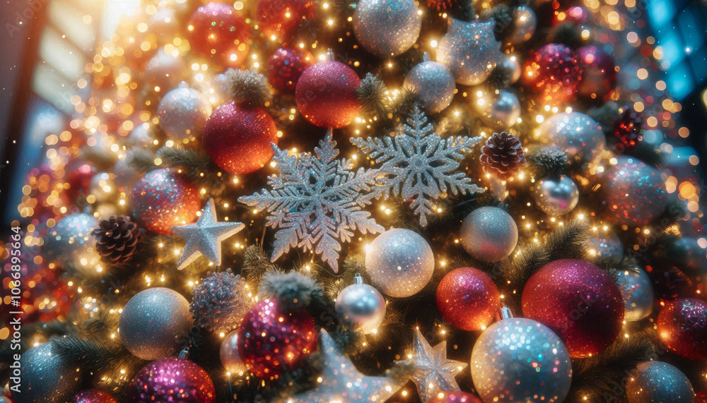 A festive Christmas tree decorated with glowing lights, baubles, and snowflake ornaments, evoking holiday joy A festive Christmas tree decorated with glowing lights, baubles, and snowflake ornaments, evoking holiday joy
