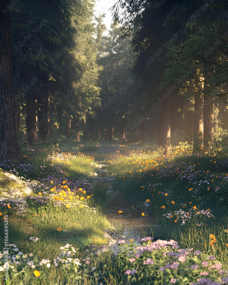 Obraz premium Sunbeams illuminate a lush forest path with wildflowers and a stream.
