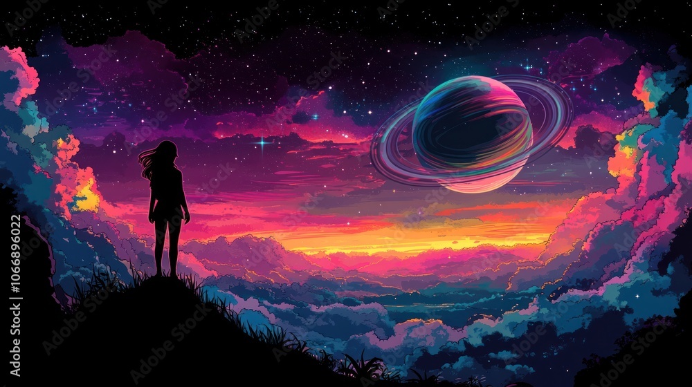 A Silhouetted Figure Gazing at a Colorful Planet and Starry Sky A Silhouetted Figure Gazing at a Colorful Planet and Starry Sky