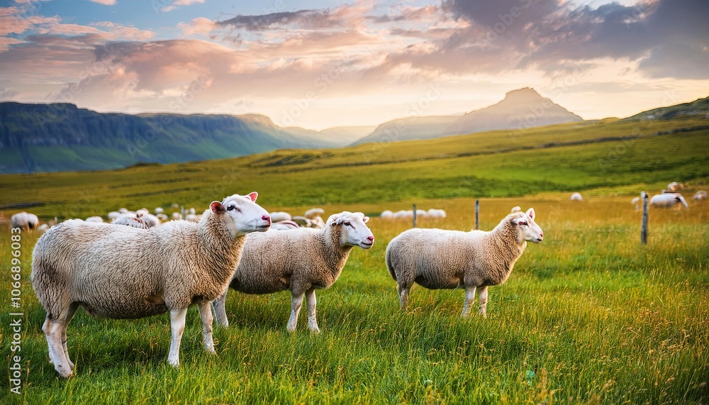 sheep grazing on a beautiful farm field, grass field background, Fresh and Relax concept. For montage product display or design key visual layout. View of copy space sheep grazing on a beautiful farm field, grass field background, Fresh and Relax concept. For montage product display or design key visual layout. View of copy space