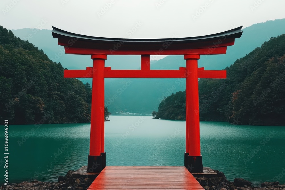 Tranquil Japanese Lake Scene with a Vibrant Red Torii Gate Leading to Serene Waters Tranquil Japanese Lake Scene with a Vibrant Red Torii Gate Leading to Serene Waters