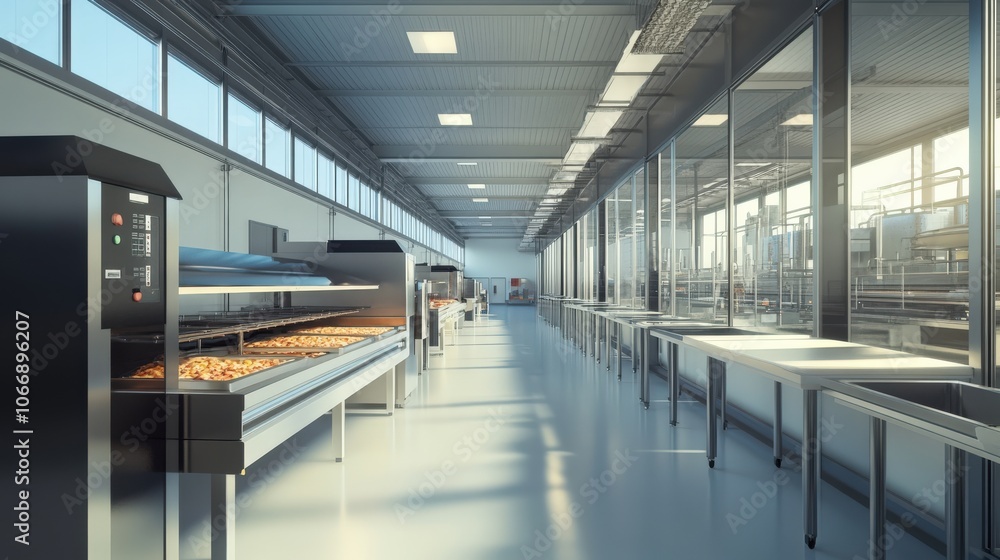 The interior of a food factory is busy with the preparation of ready-made meals. Bright daylight floods through large windows, illuminating the workspace The interior of a food factory is busy with the preparation of ready-made meals. Bright daylight floods through large windows, illuminating the workspace