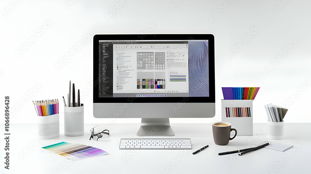 A clean and minimalist workspace with a computer, a cup of coffee, and various art supplies. A clean and minimalist workspace with a computer, a cup of coffee, and various art supplies.