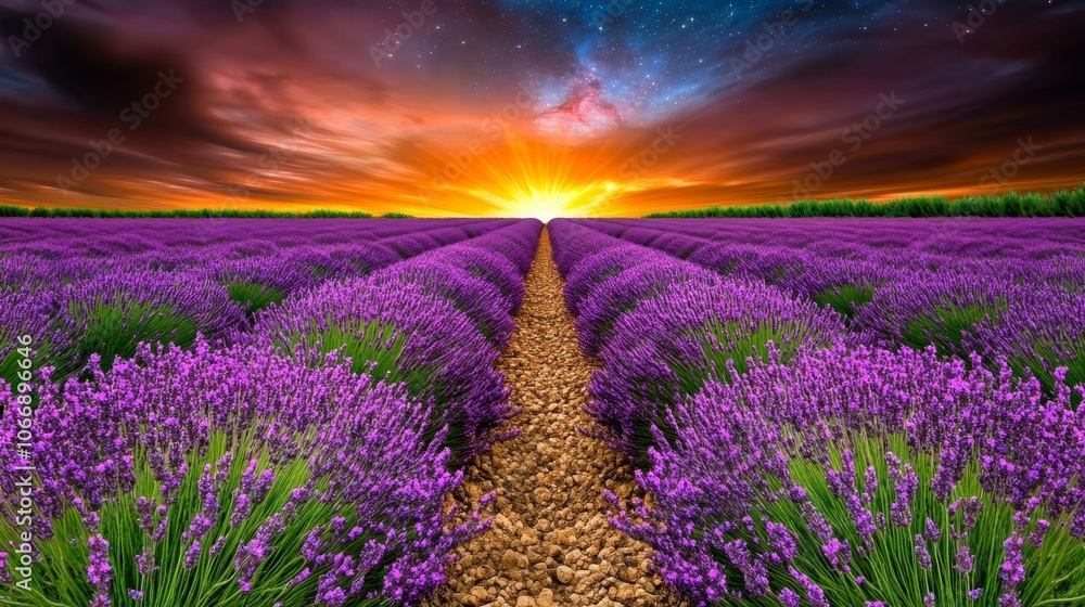 Naklejka premium Lavender Field Sunset with Starry Sky and Path