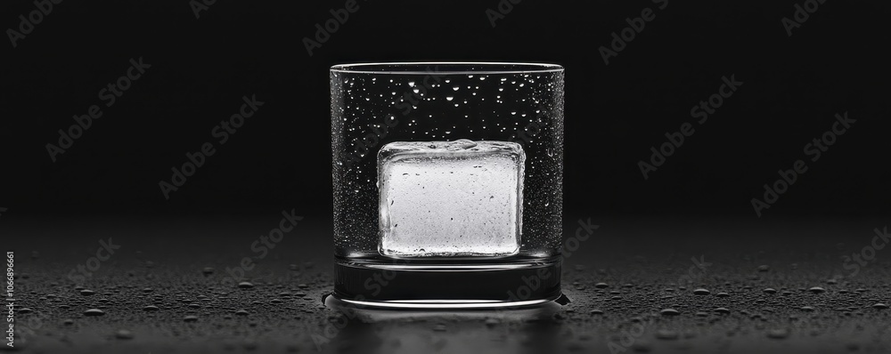 Single Ice Cube in a Glass with Water Droplets on a Black Background Single Ice Cube in a Glass with Water Droplets on a Black Background