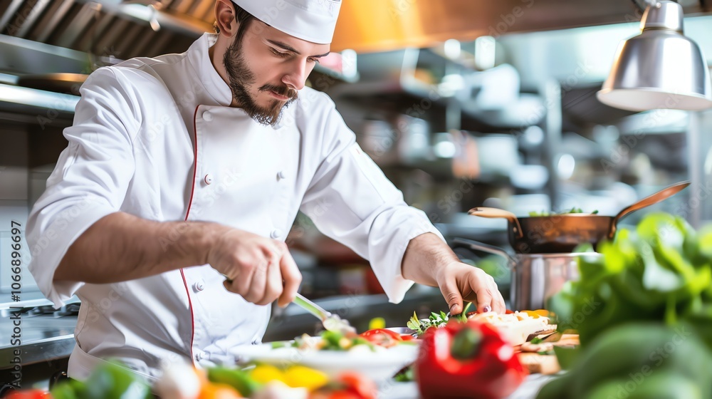 A chef in a white uniform is plating a meal with a fork. A chef in a white uniform is plating a meal with a fork.