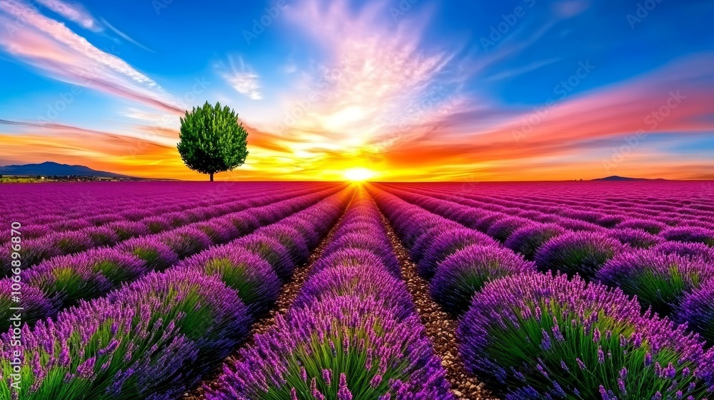 Obraz premium Lavender Field Sunset Landscape with Tree Silhouette